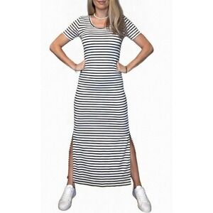NOM Maternity Striped Maxi Dress Womens Small White Black Ruched Side Slit S